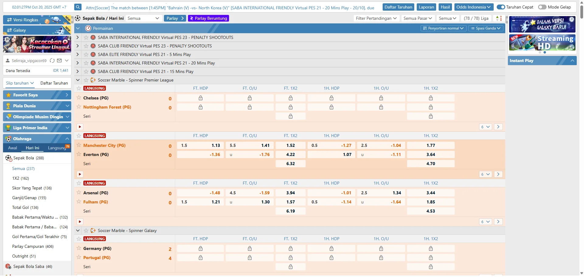 Tampilan Dashboard SABA Sports (contoh)