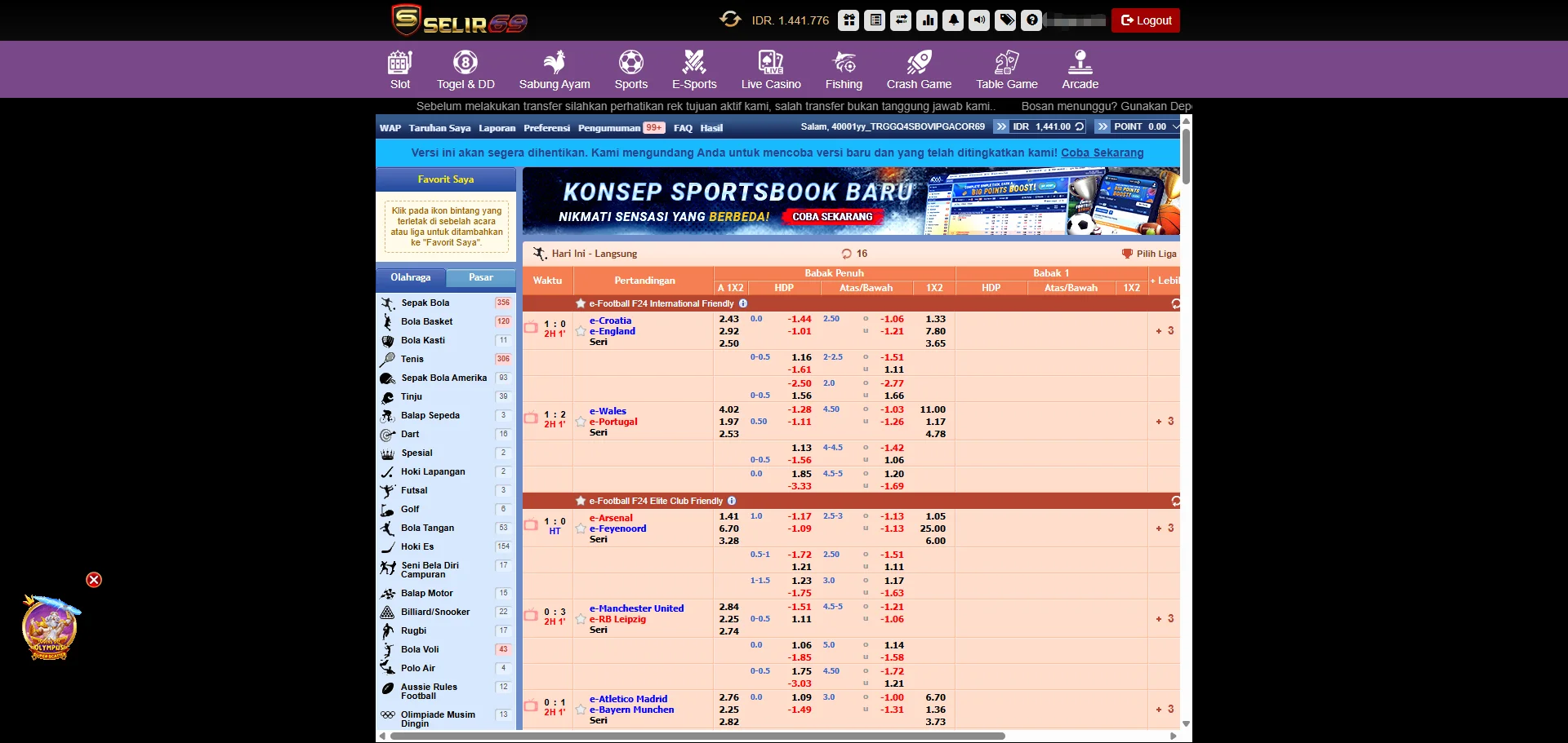 Tampilan Dashboard SBOBET (contoh)